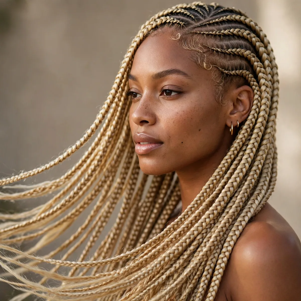 Classic long waist length lemonade braids swept dramatically to one side