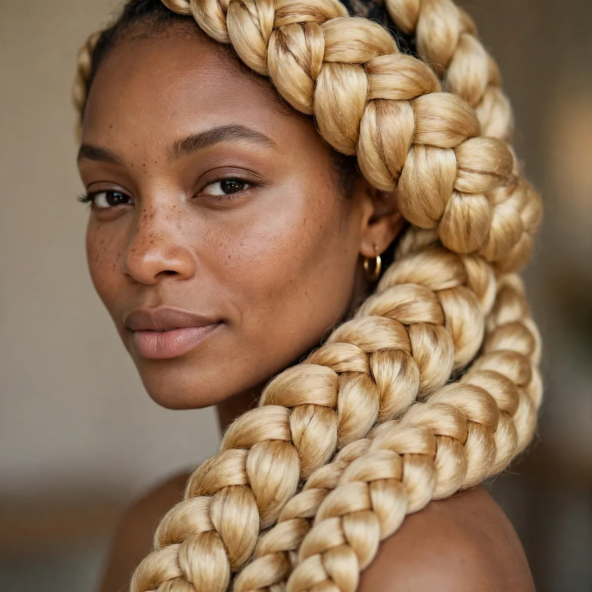 Thick jumbo sized lemonade braids swept over one shoulder