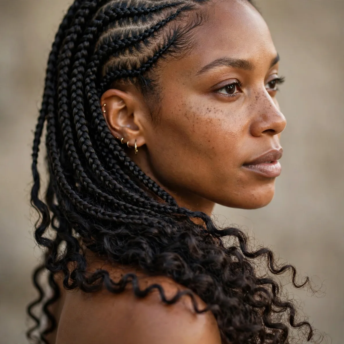 Lemonade braids with loose curly ends cascading over the shoulder