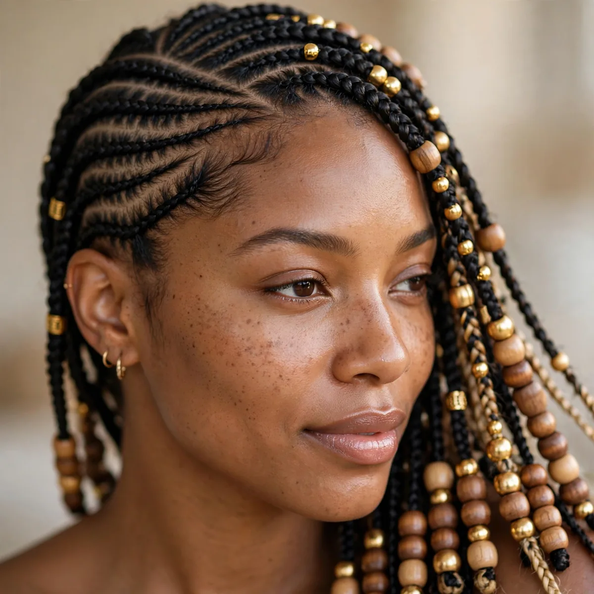 Lemonade braids decorated with gold and wooden beads