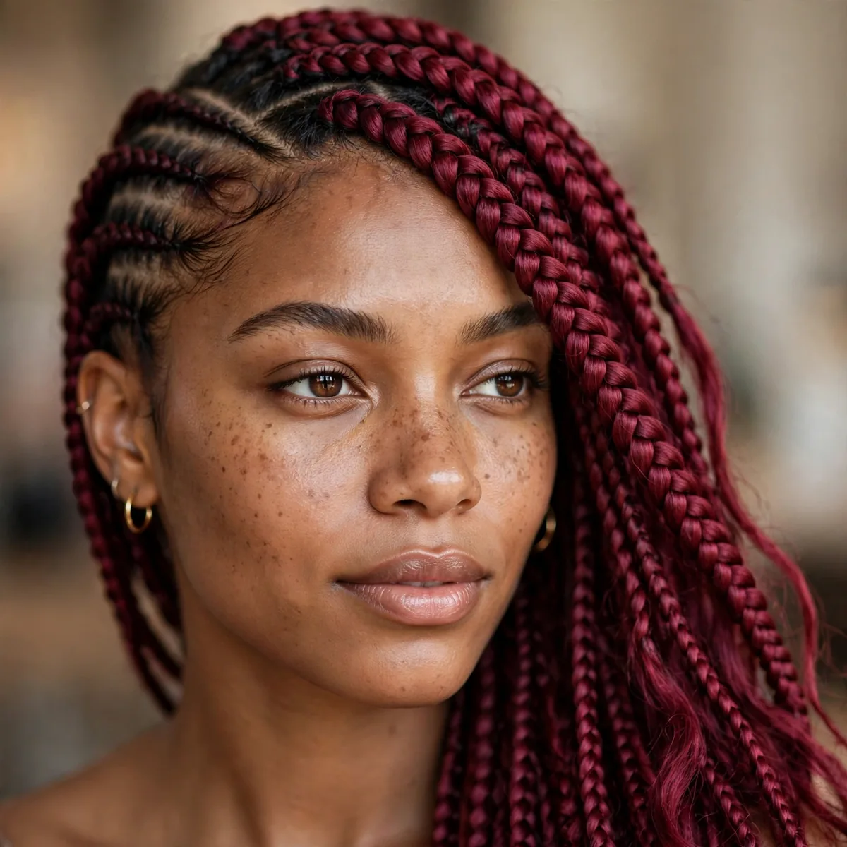 Lemonade braids with vibrant burgundy colored braiding hair