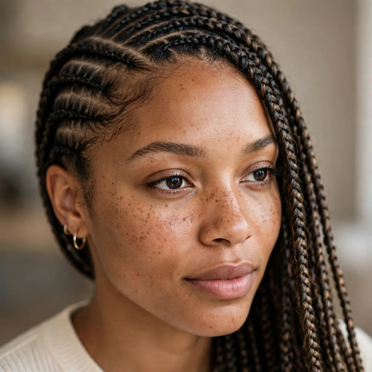 Natural looking feed in lemonade braids with seamless roots