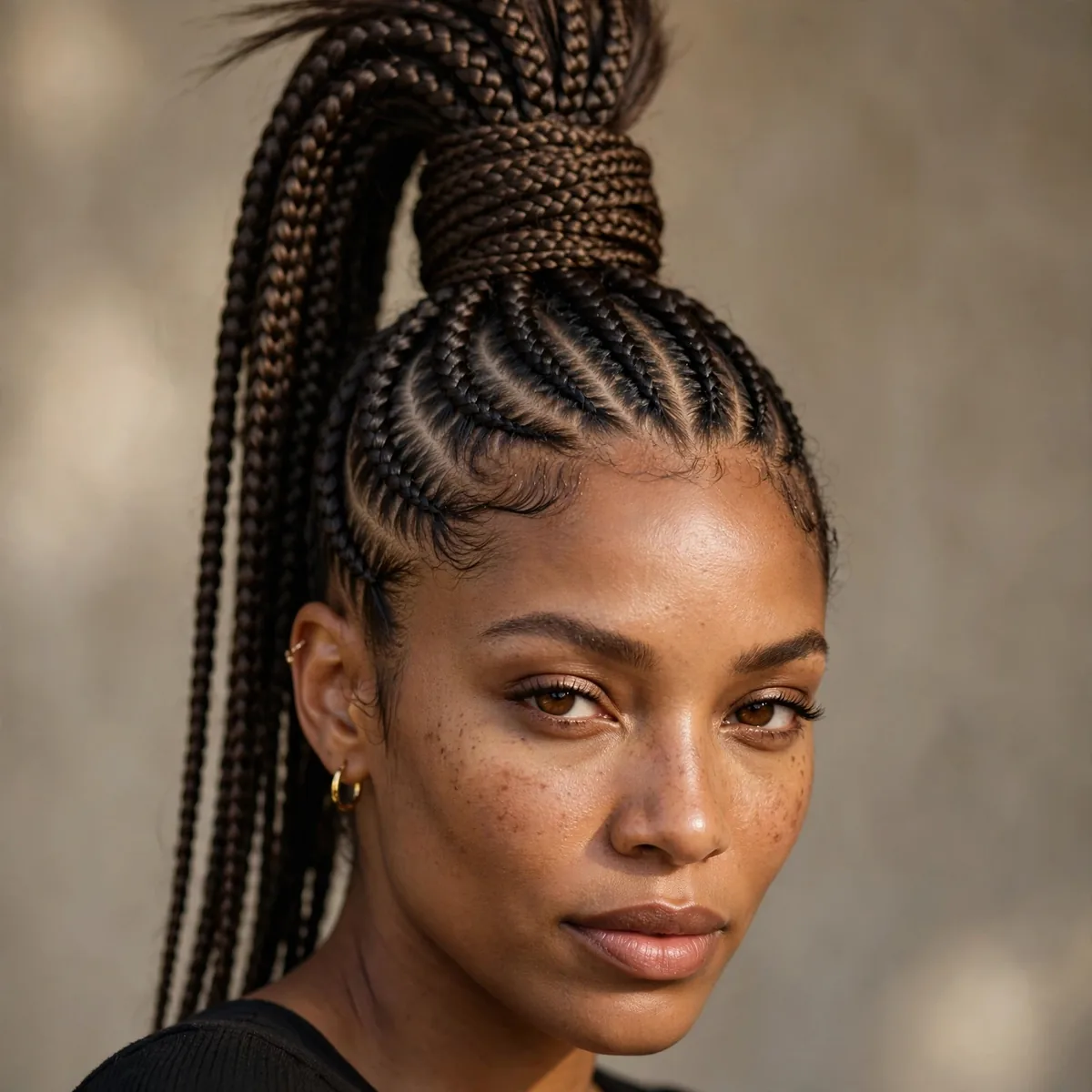 Lemonade braids gathered into a dramatic high ponytail