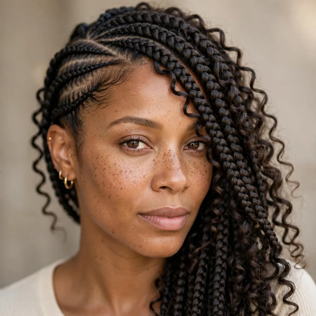 Goddess lemonade braids with curly pieces woven throughout