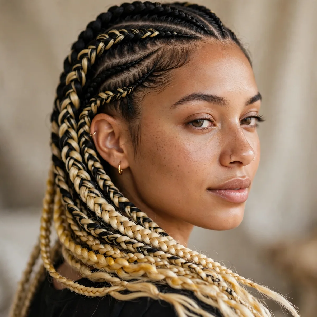Two tone lemonade braids mixing black and blonde braiding hair