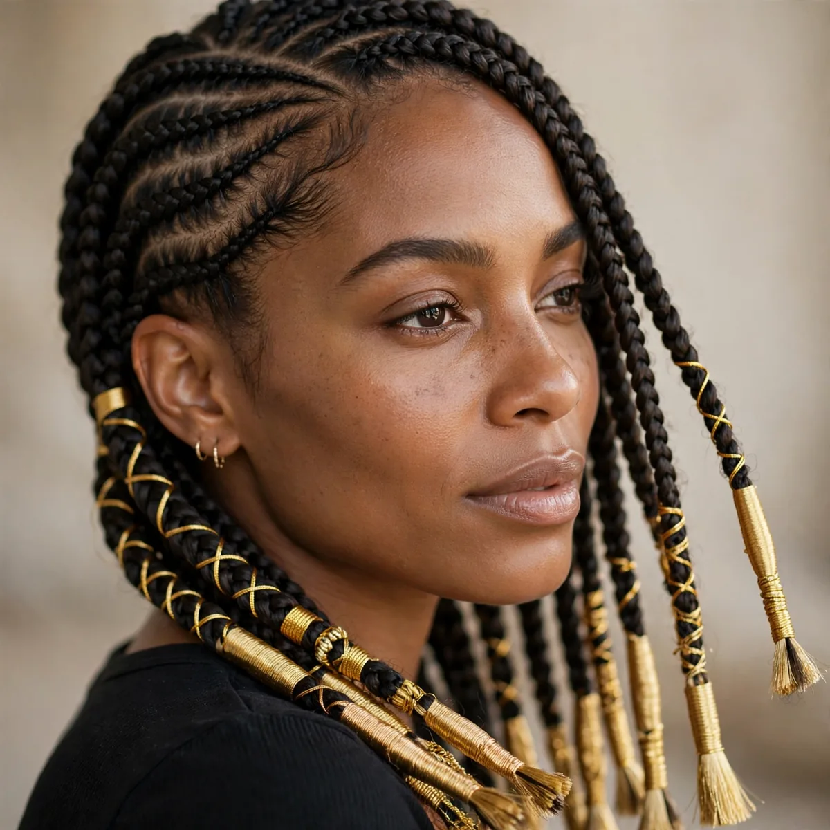 Lemonade braids with ends wrapped in gold string and thread