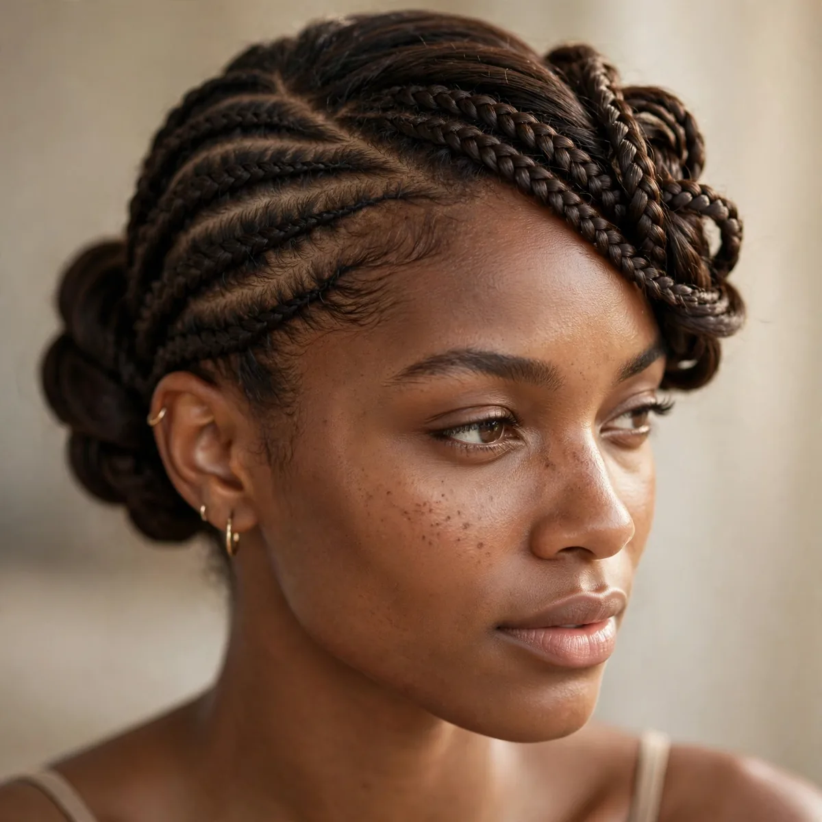 Lemonade braids styled into an elegant side swept updo