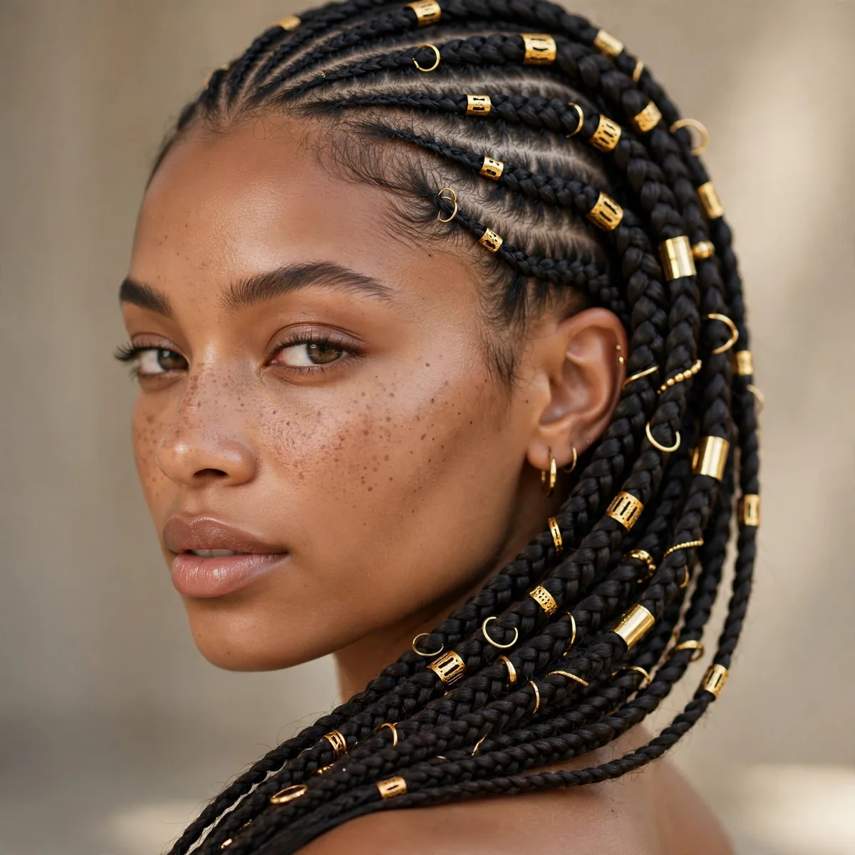 Lemonade braids adorned with gold cuffs and hair rings