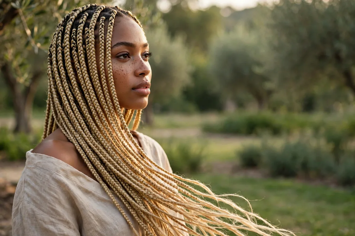 Woman with long side-swept lemonade braids cascading over one shoulder