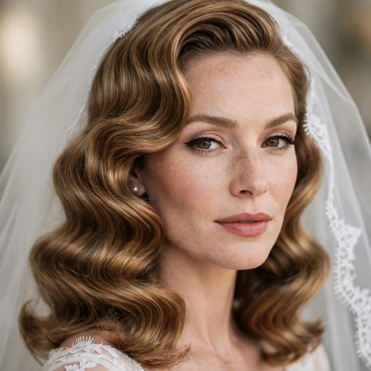 Old Hollywood style soft waves on a bride