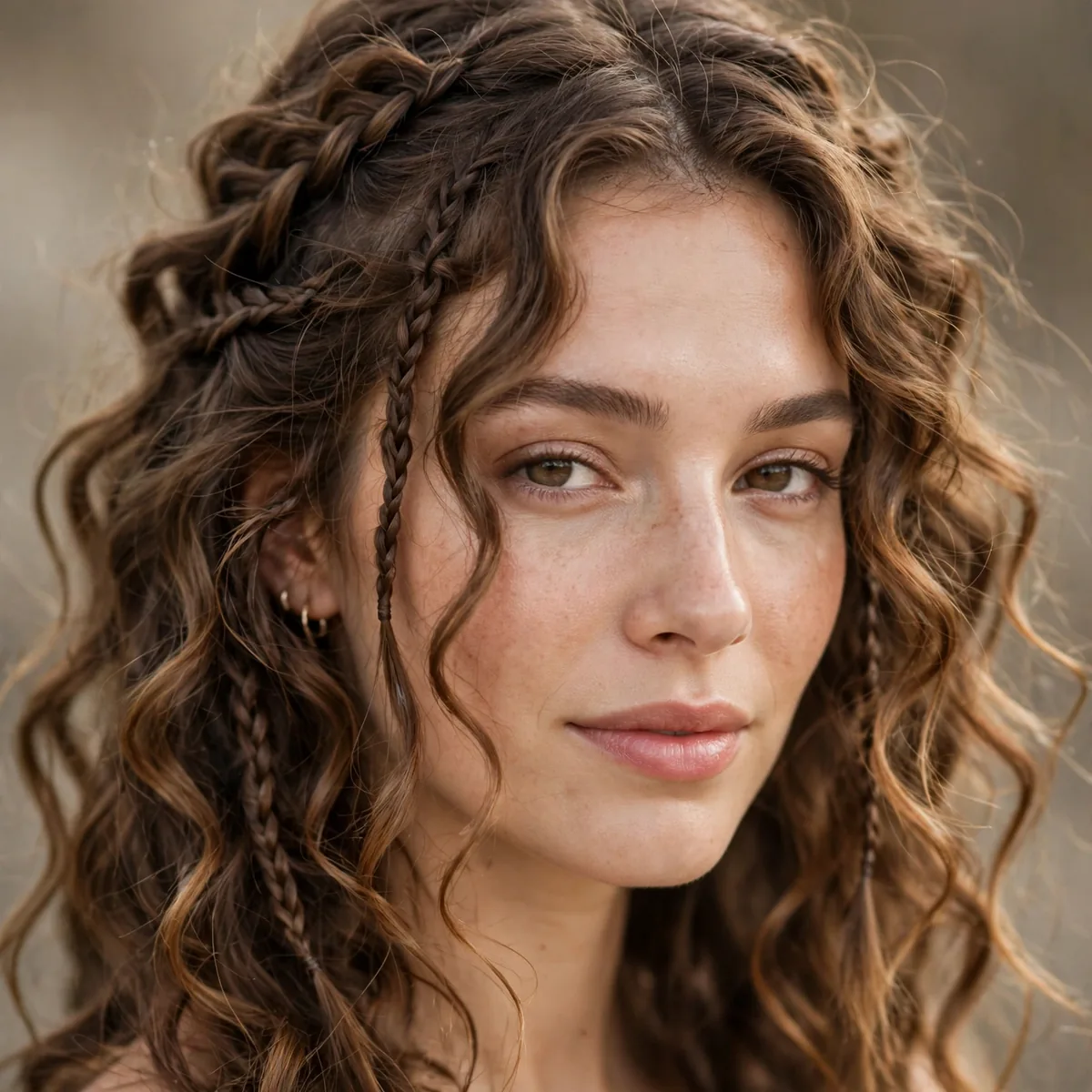 Bohemian bridal curls with small accent braids