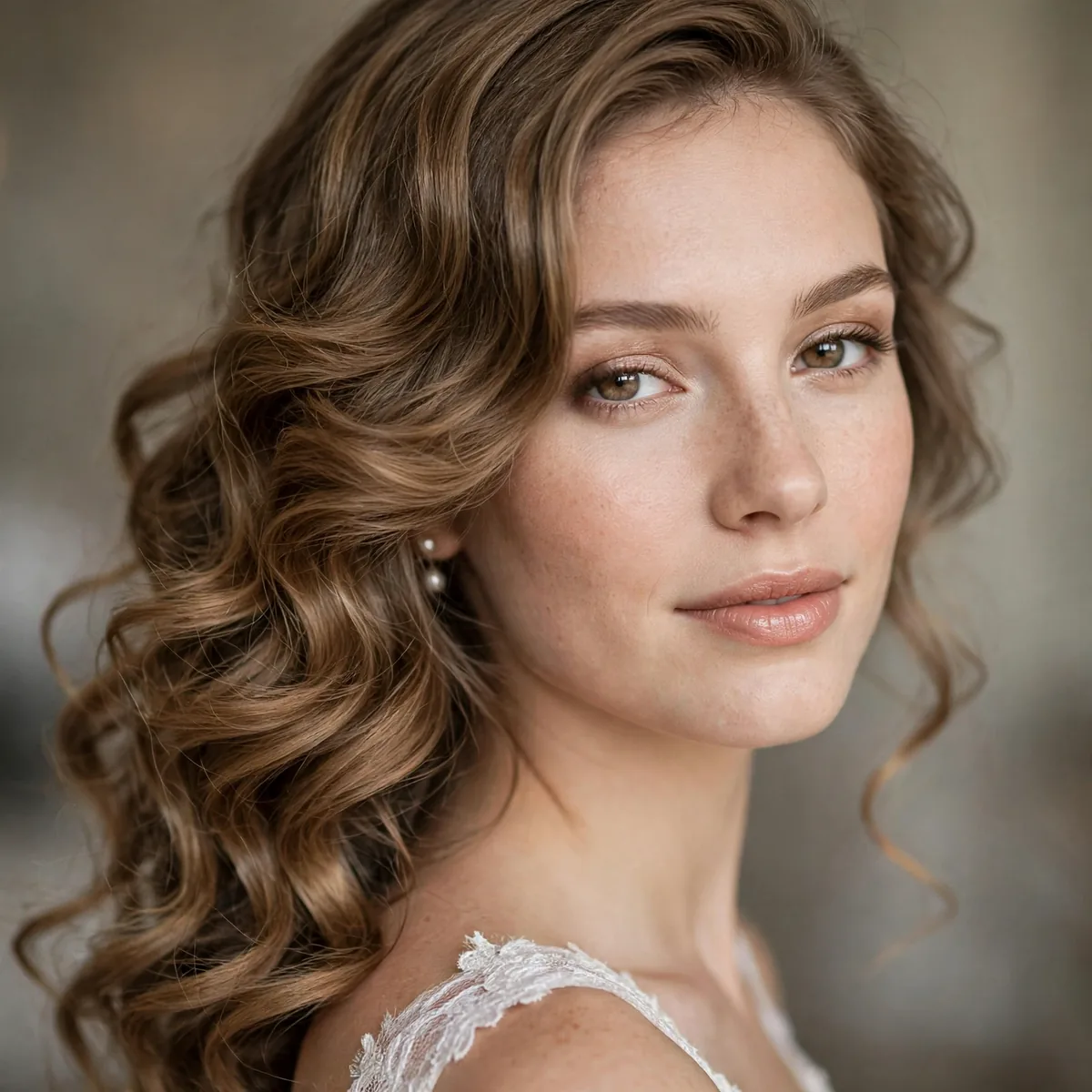 Bride with side-swept loose curls over one shoulder