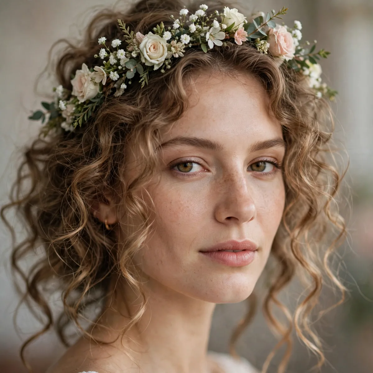 Bridal loose curls with a delicate floral crown