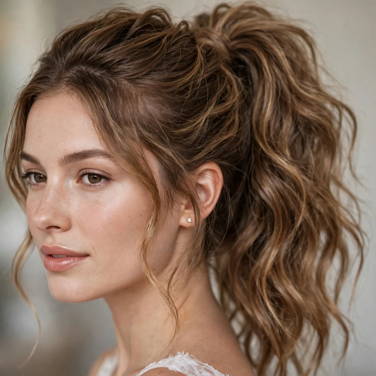 High textured bridal ponytail with loose waves