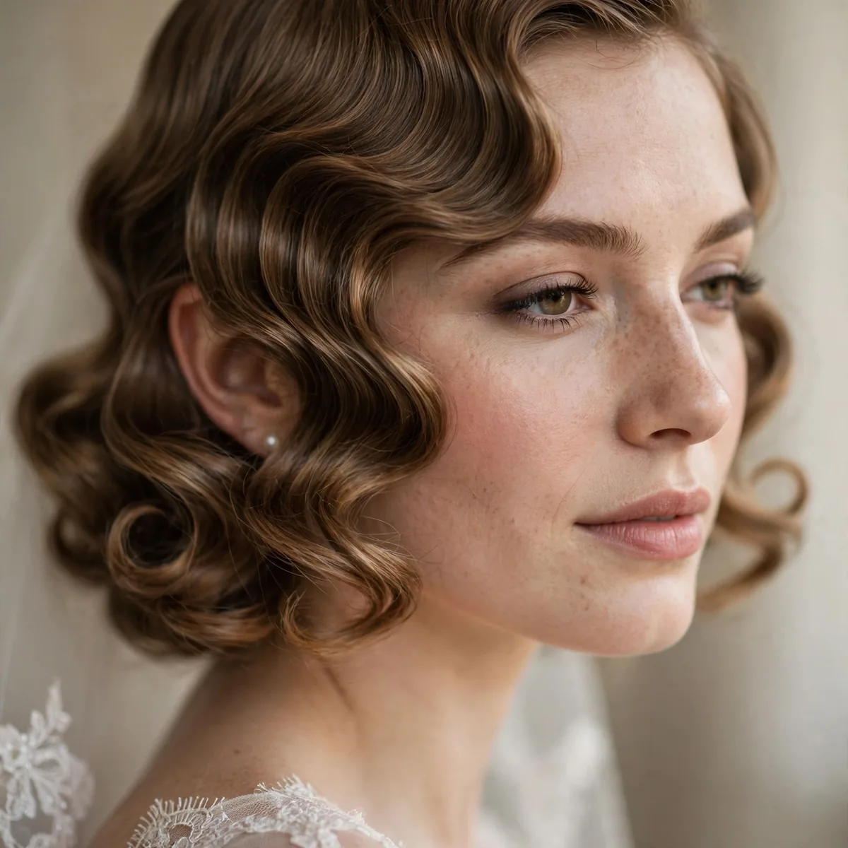 Vintage inspired finger waves with curls on bride