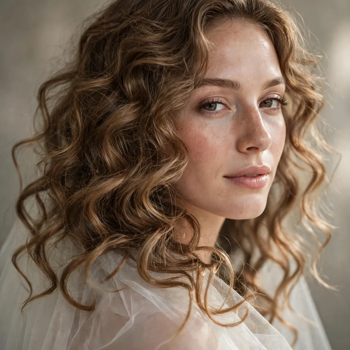 Bridal curls with veil placed underneath