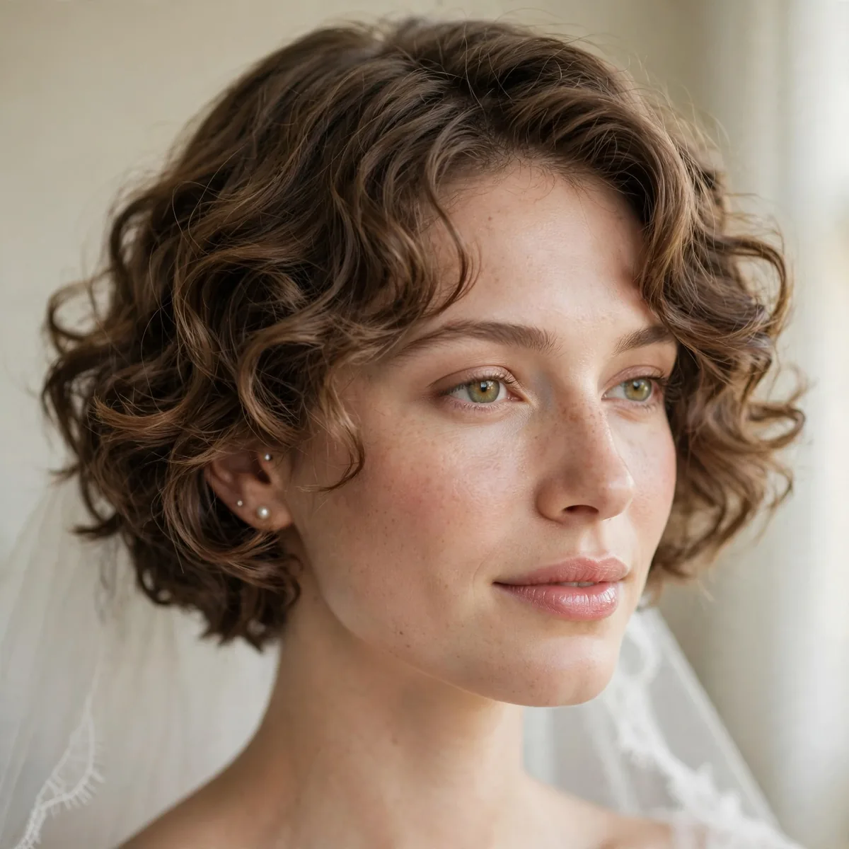 Short bridal bob with soft loose curls