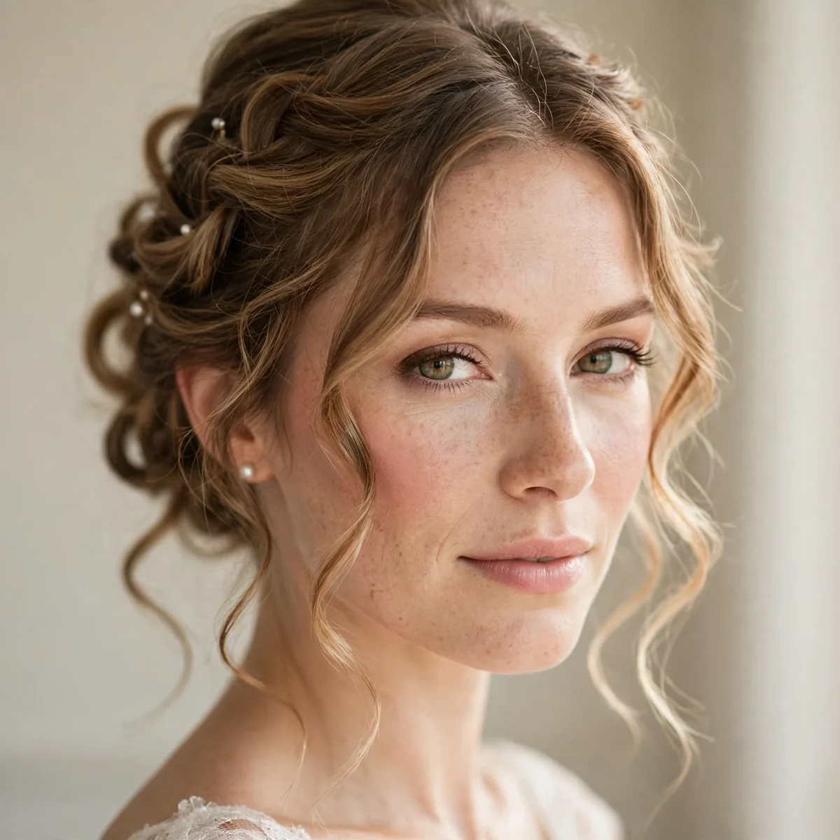 Romantic bridal updo with curled tendrils
