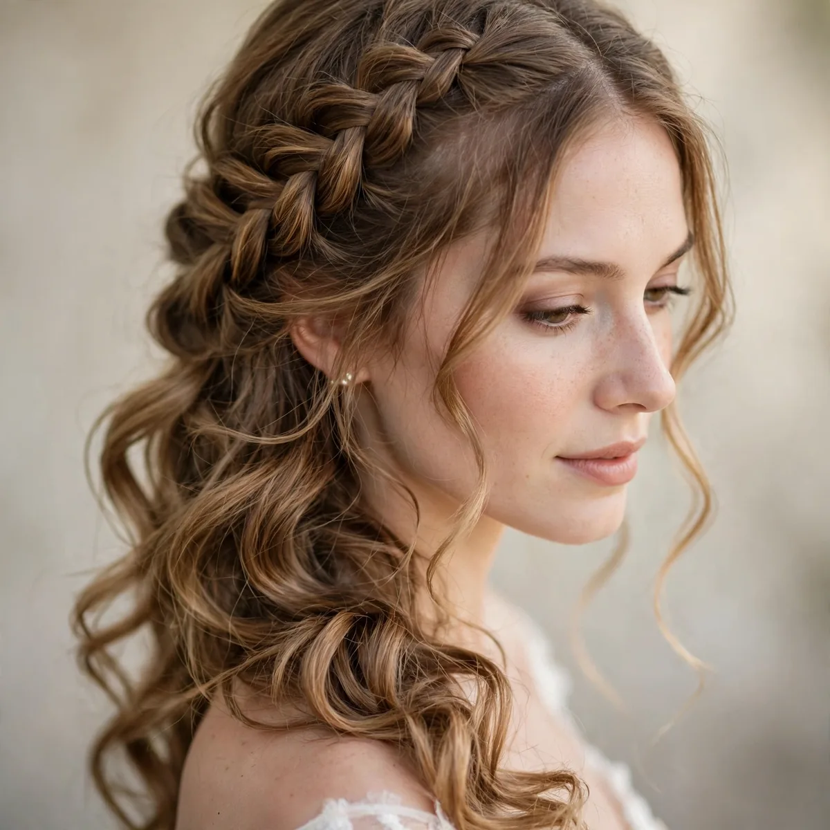 Waterfall braid flowing into loose bridal curls