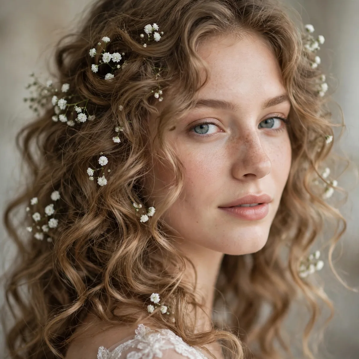 Bridal curls decorated with baby's breath flowers
