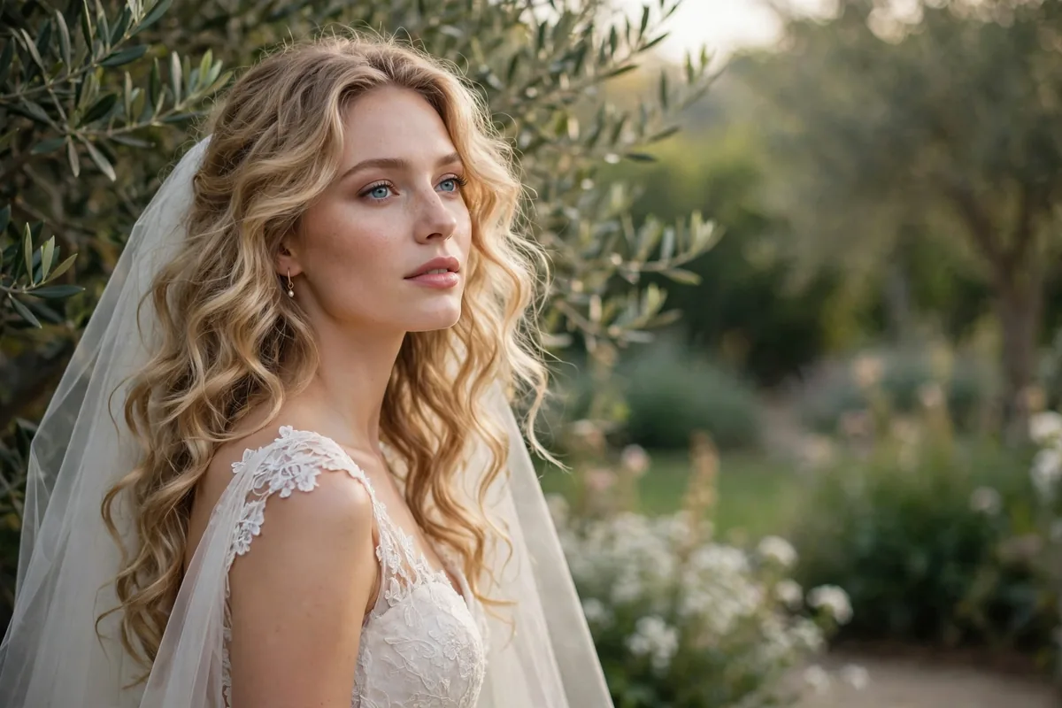Bride with loose romantic curls in soft wedding light