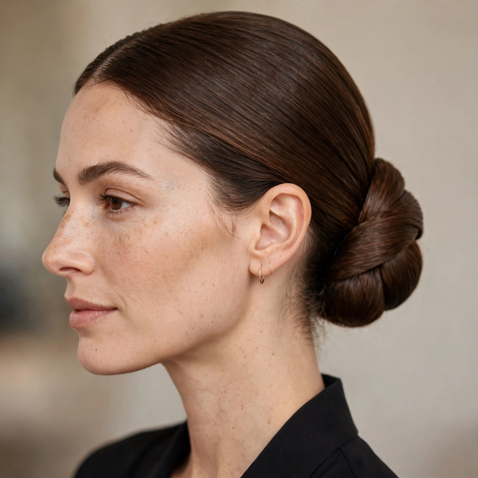 Sleek low bun with wrapped hair detail