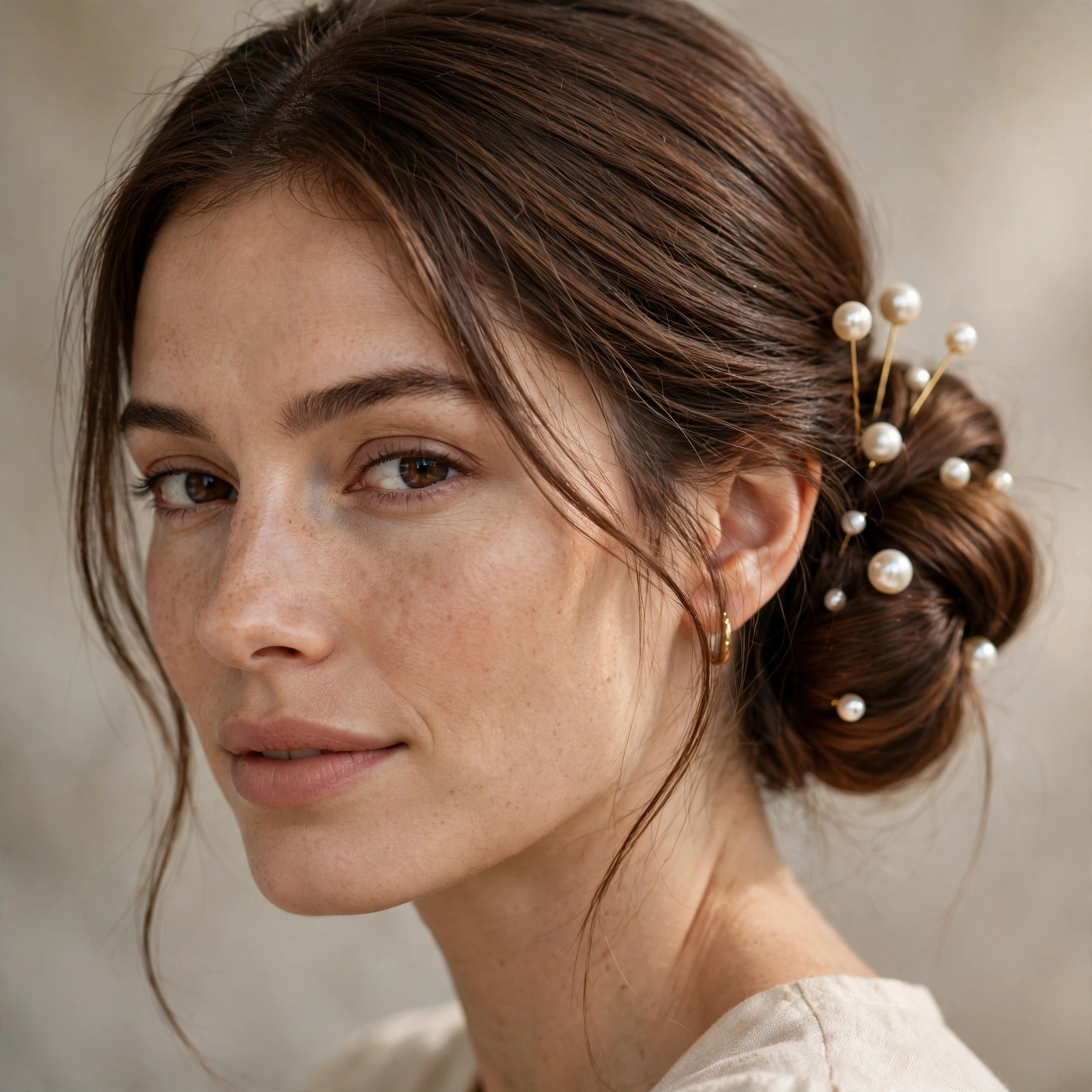 Low bun decorated with pearl hair pins