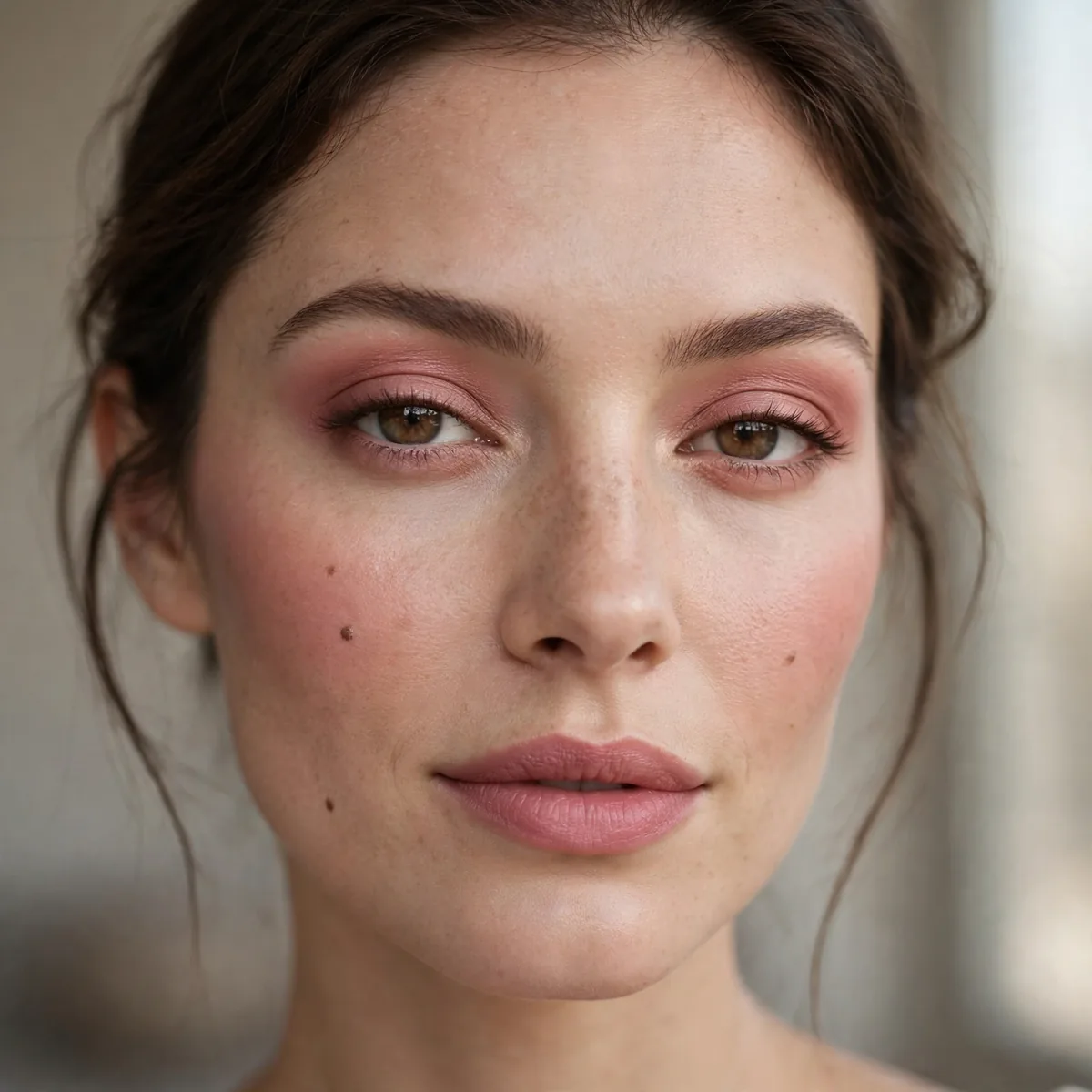 Monochromatic rose-toned makeup look