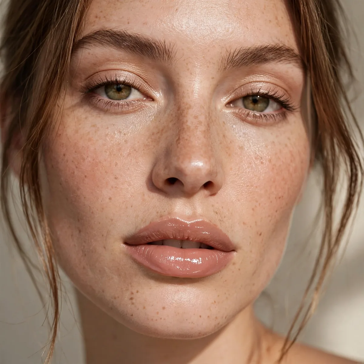 Glossy nude lip makeup look