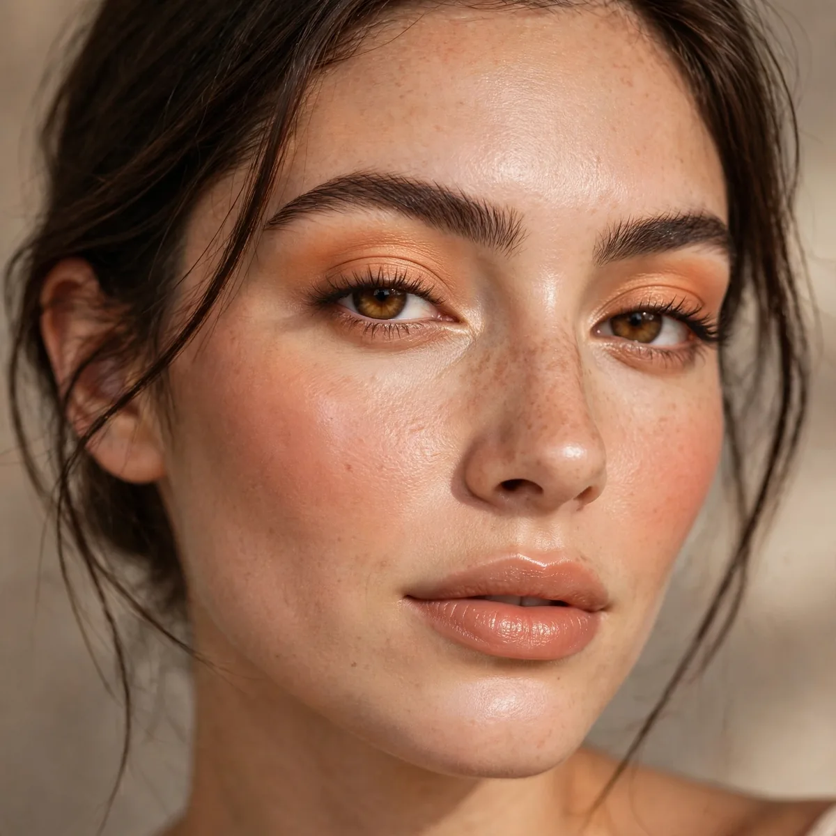 Apricot-toned cheeks and eyeshadow look