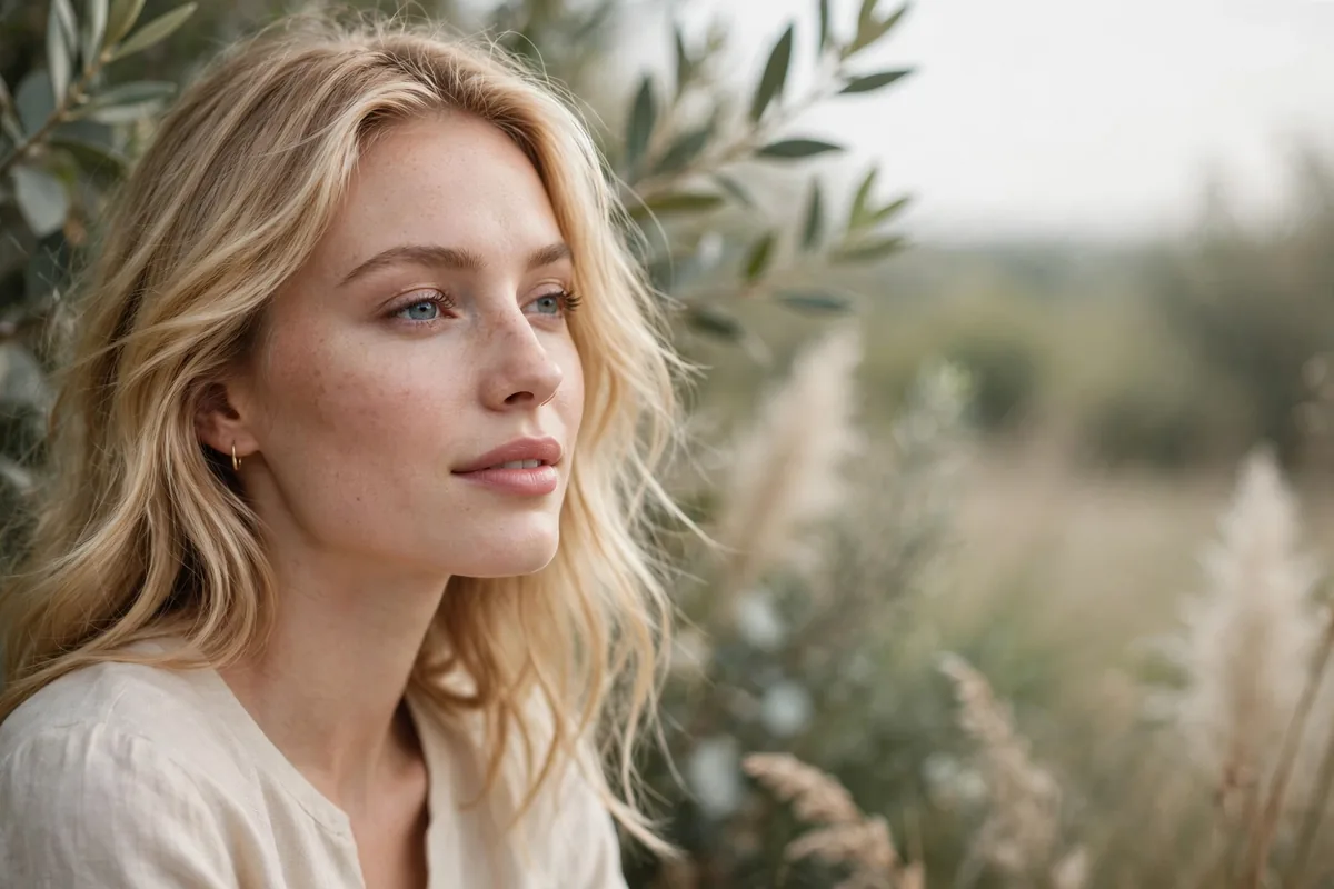 Soft low-contrast makeup look on fair skin with blonde hair