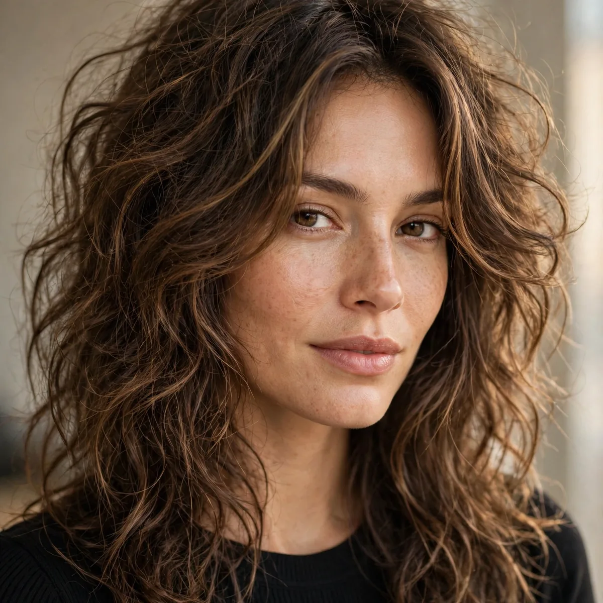 Long layered haircut with face-framing pieces on frizzy hair