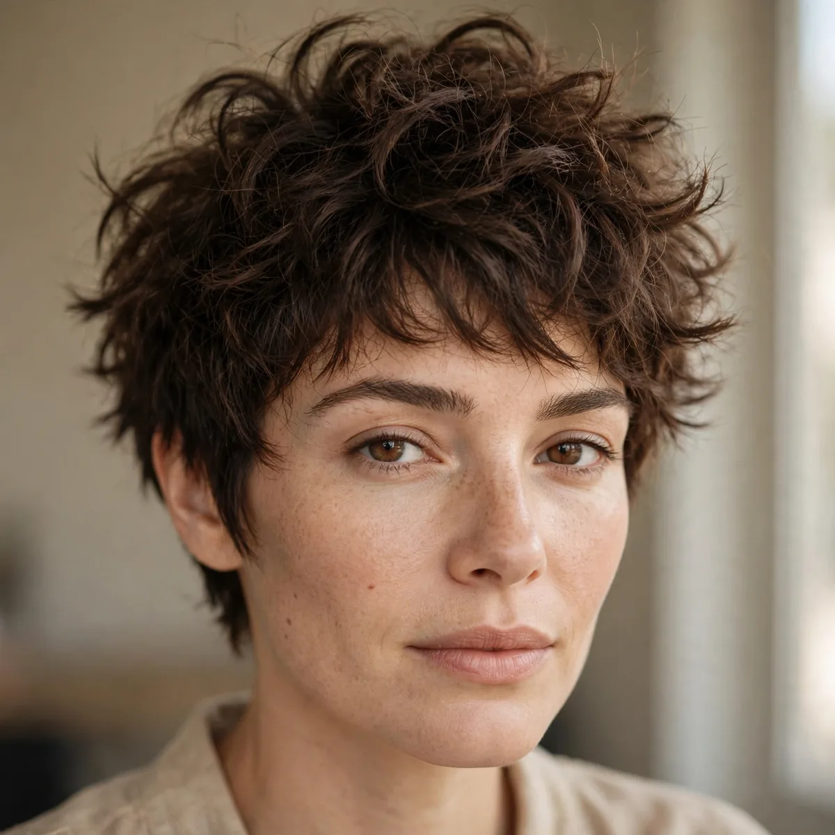 Textured pixie haircut on thick frizzy hair