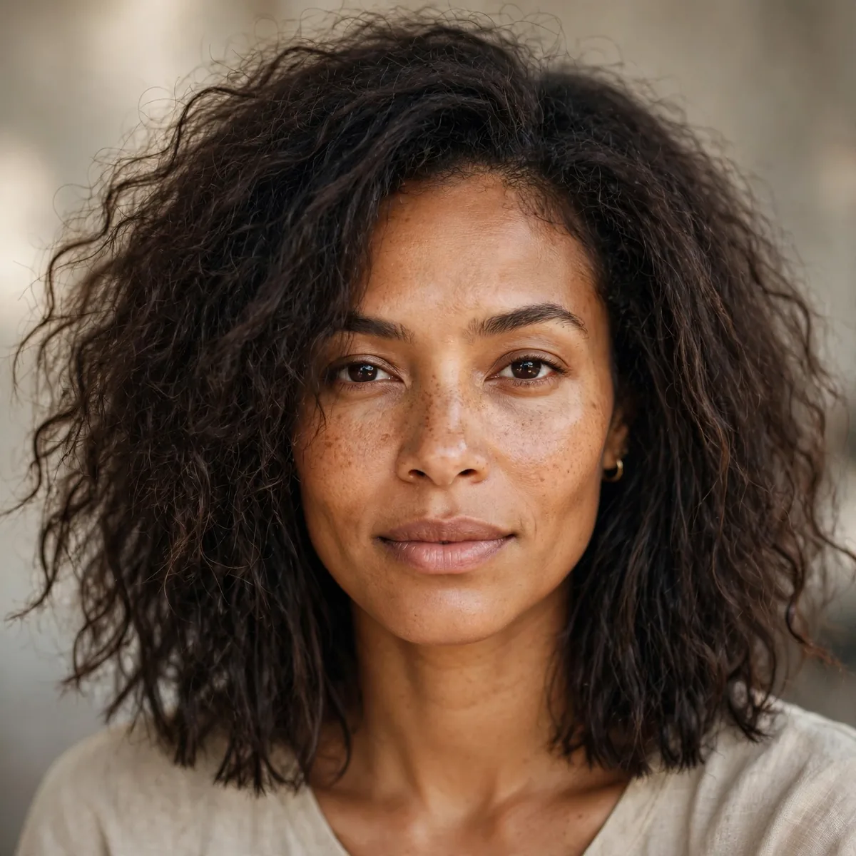 Shoulder-length blunt lob on frizzy hair