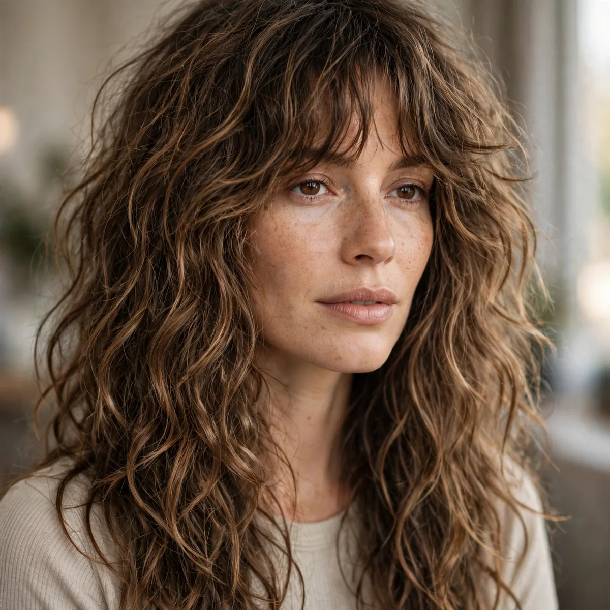 Long shaggy haircut on wavy frizzy hair
