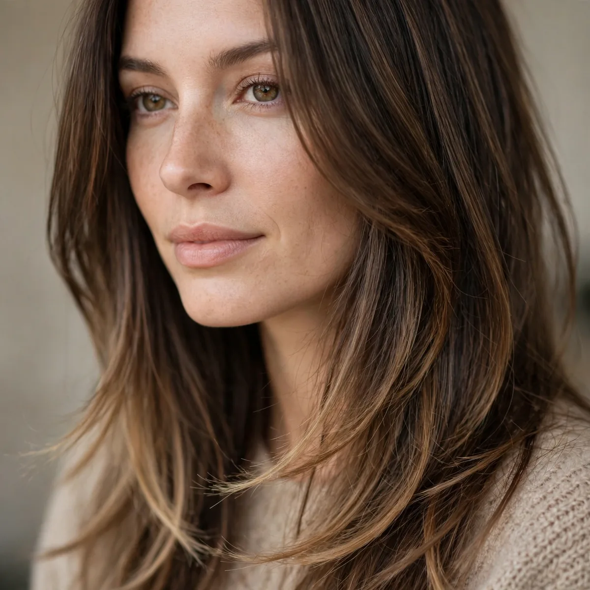 Long hair with thinned ends to reduce frizz