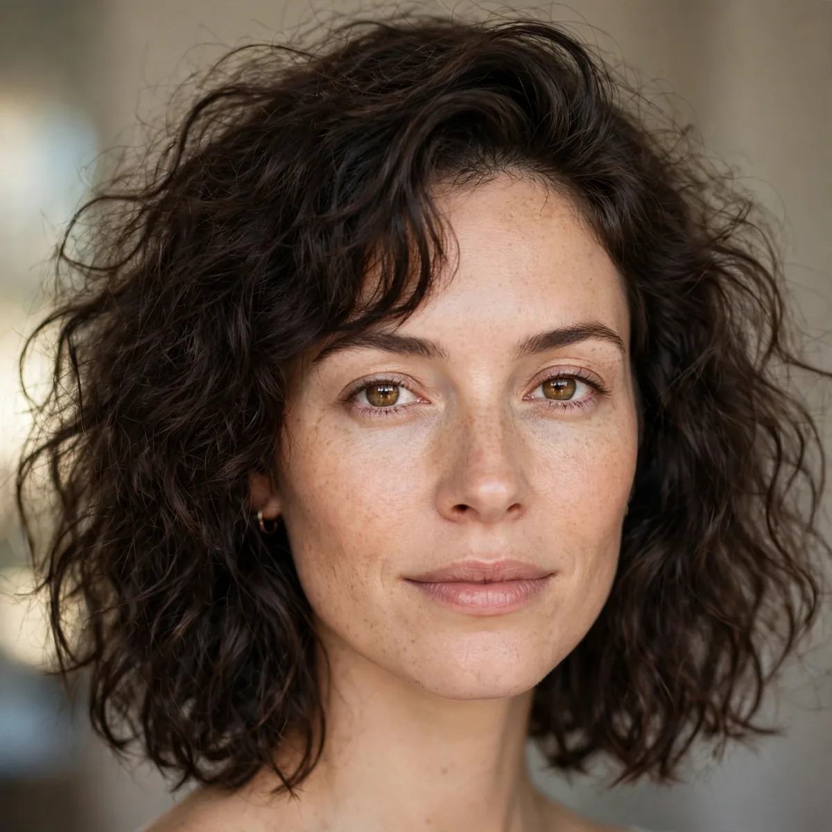 Shoulder-length cut without bangs on frizzy hair