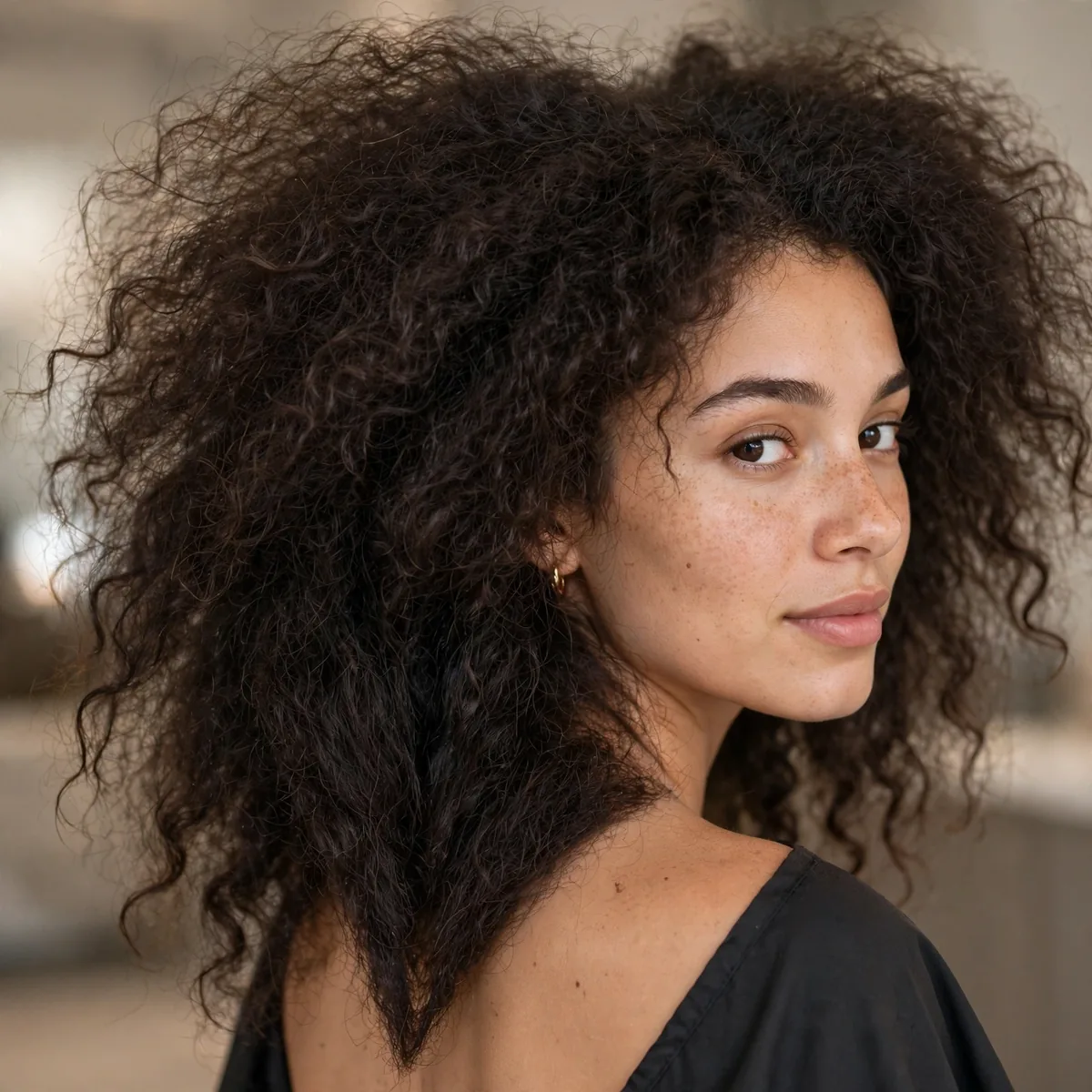 V-shaped haircut on thick frizzy hair