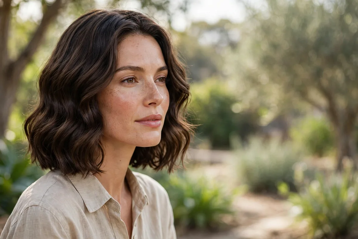 Woman with frizz-free defined waves from a low-maintenance haircut