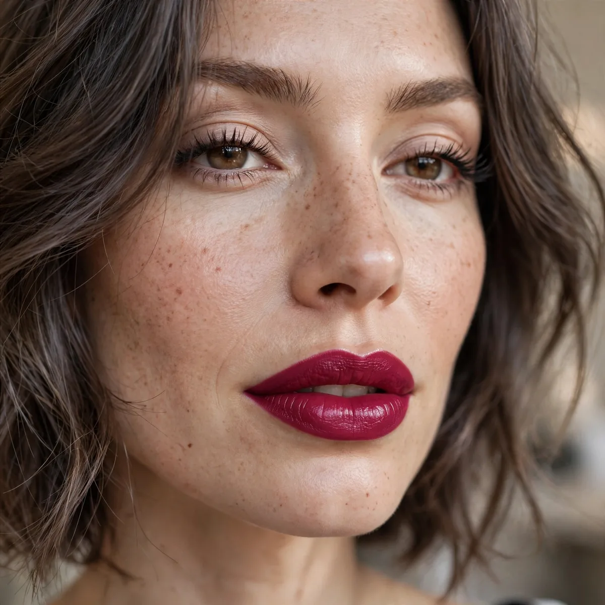 Bold berry lipstick with mushroom brown hair