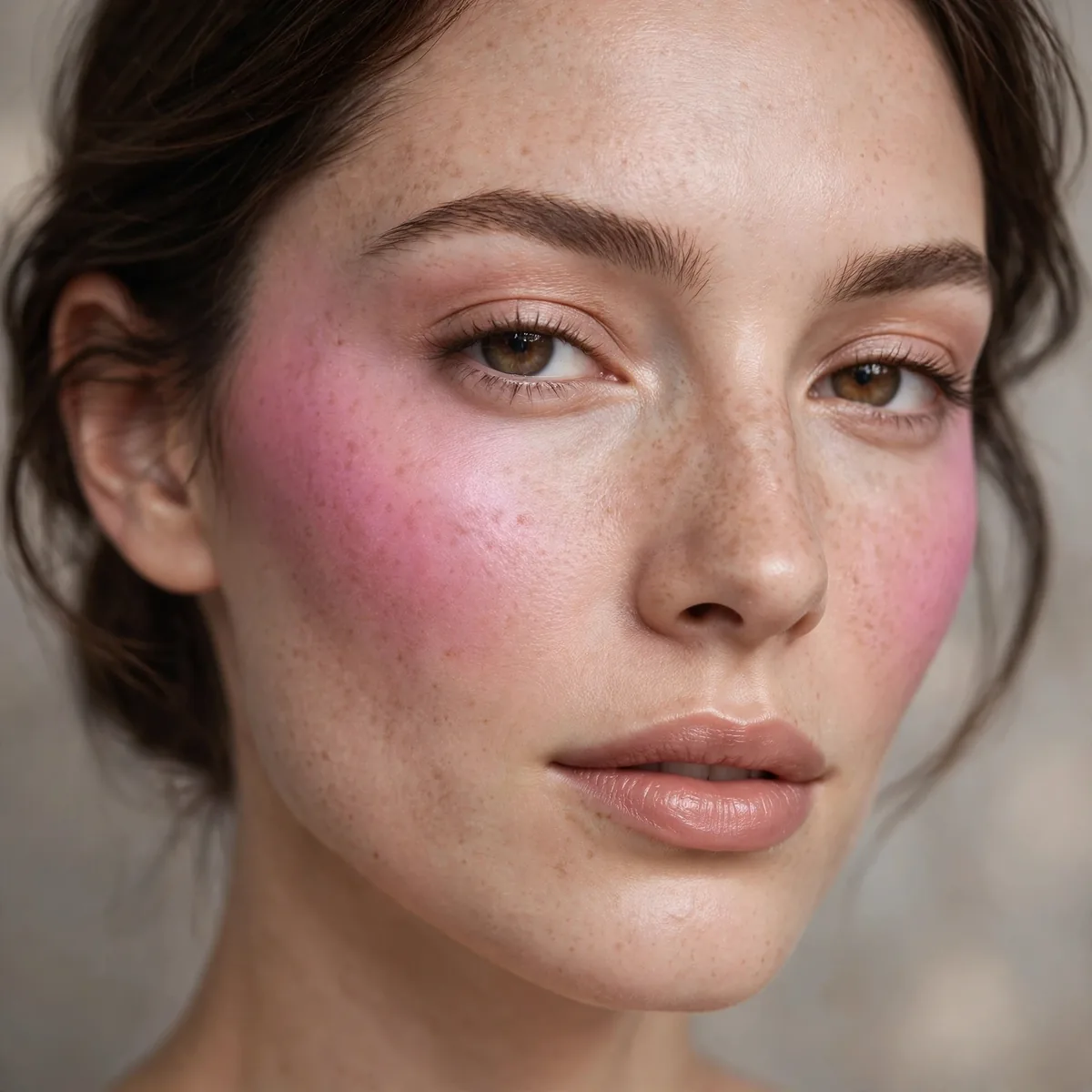 Pink blush draped across cheekbones