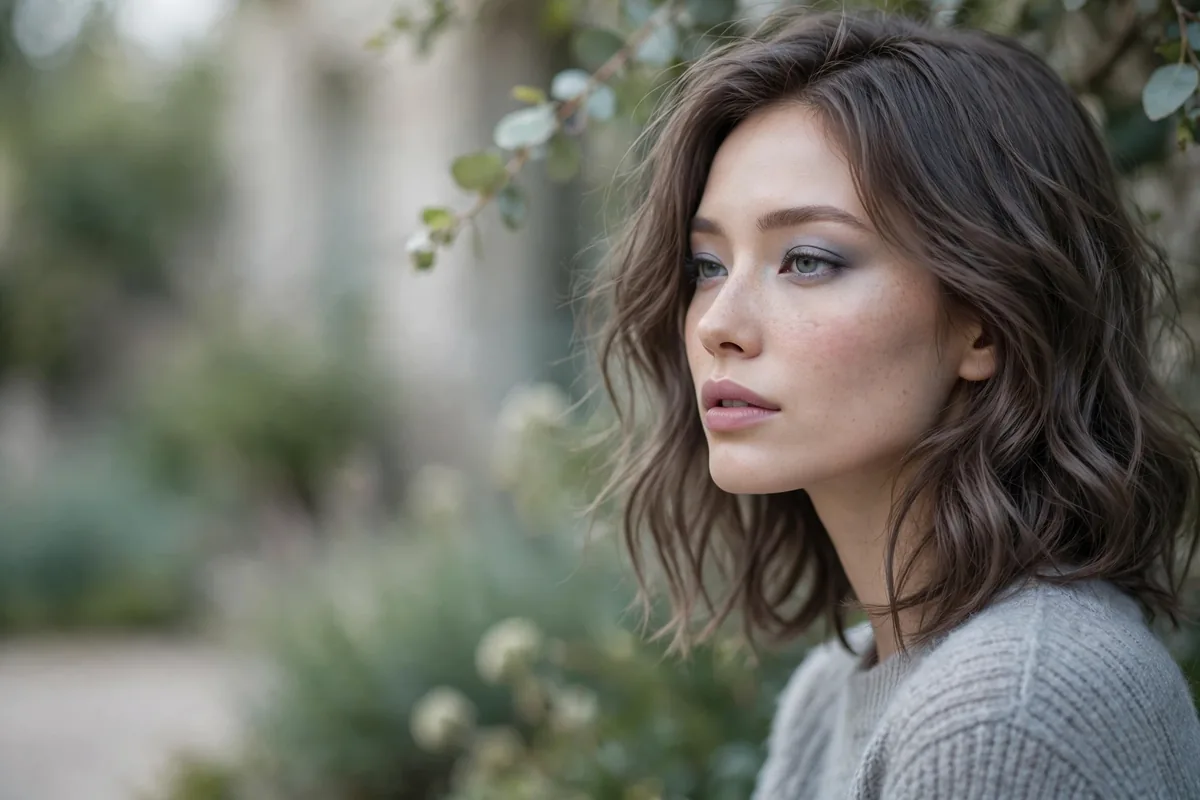 Cool-toned makeup look on woman with mushroom brown hair