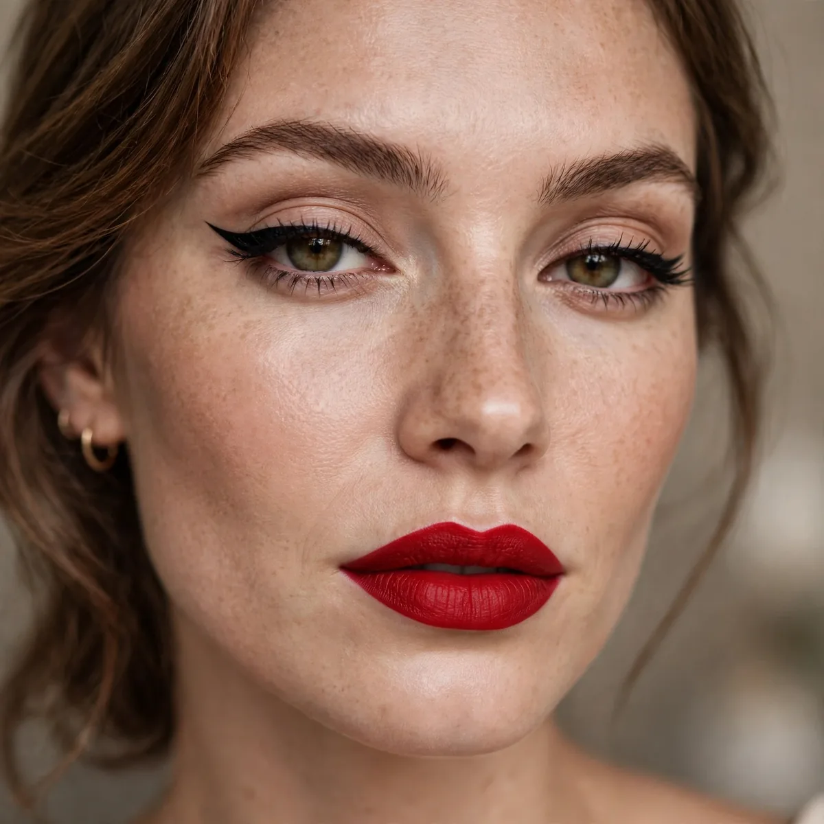 Classic red lipstick with winged eyeliner
