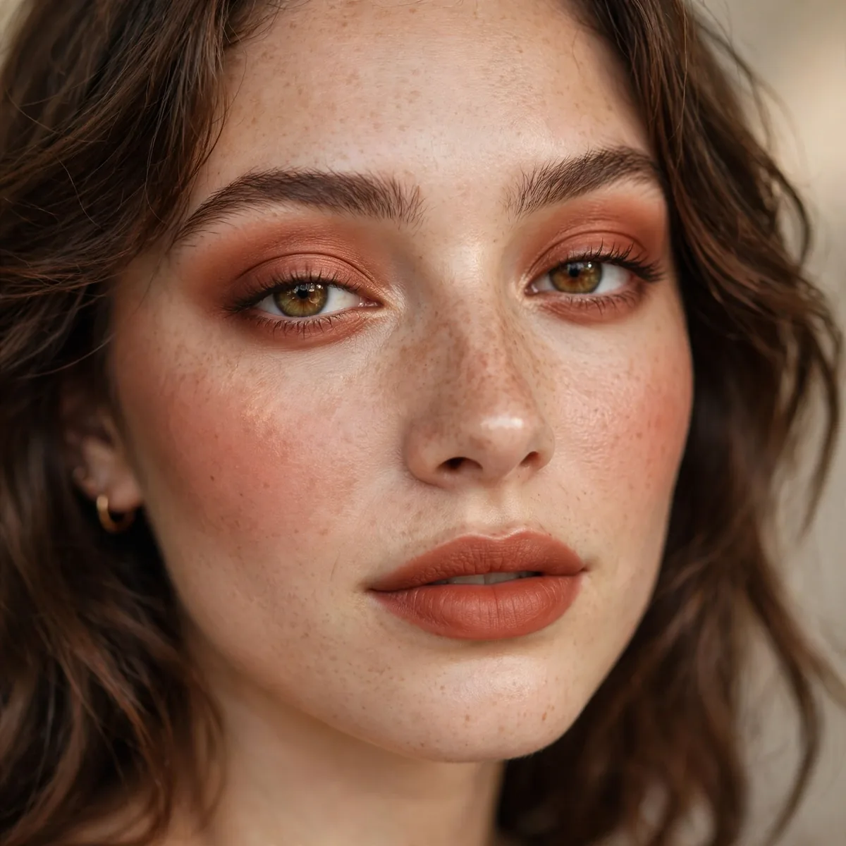 Terracotta-toned warm makeup look