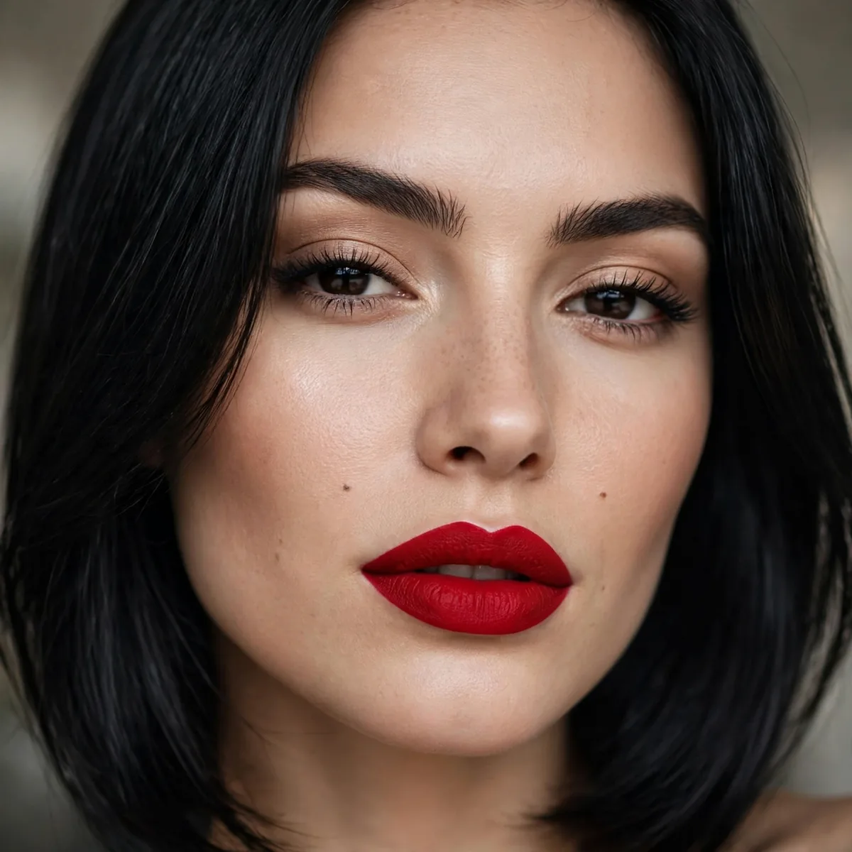 Bold red lipstick with black hair