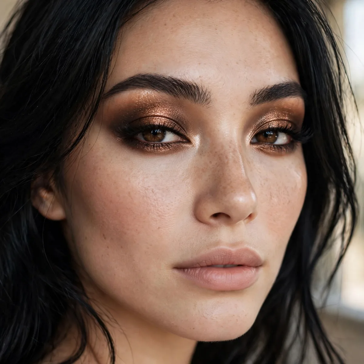 Smoky bronze eyeshadow with black hair
