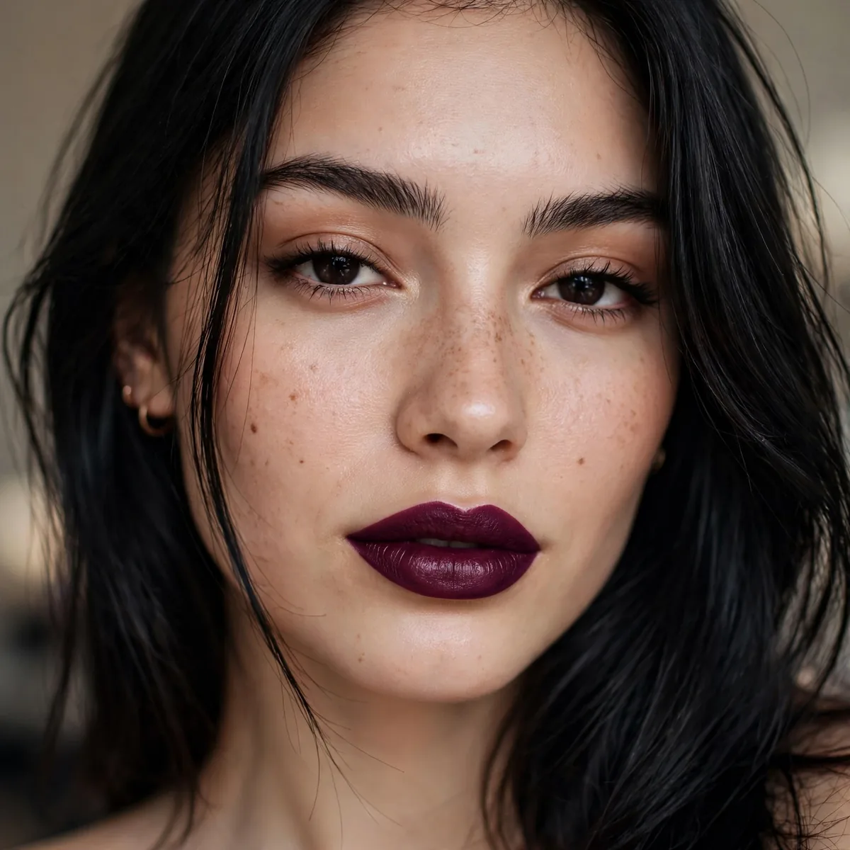 Deep plum lipstick with black hair