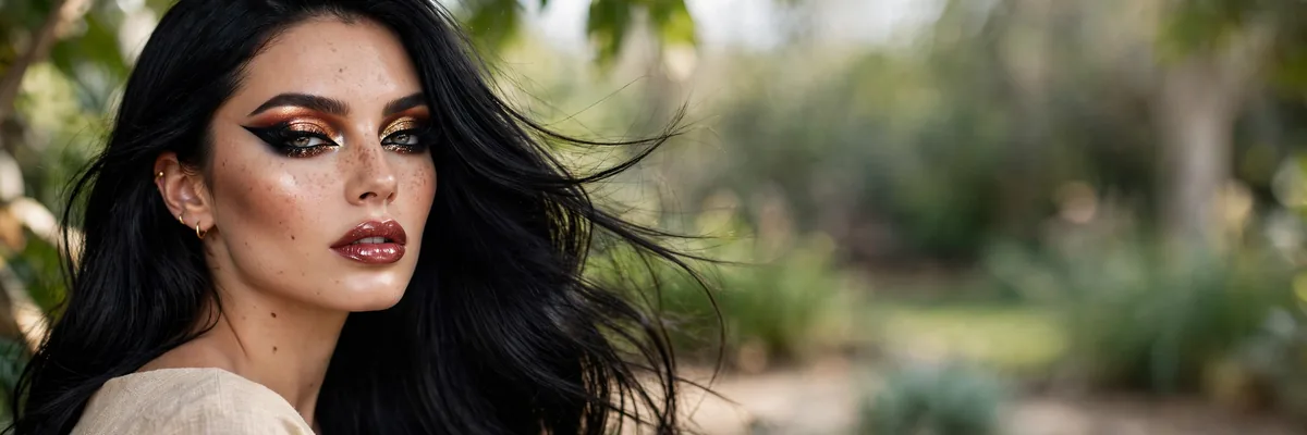 Striking makeup look on woman with jet black hair
