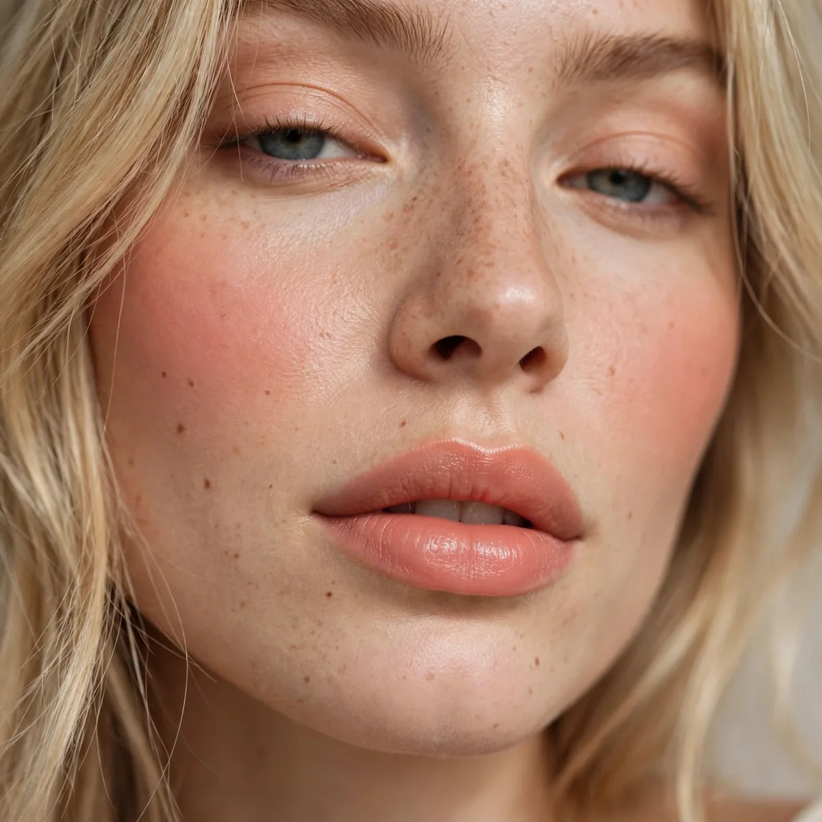 Peachy blush and lips with blonde hair