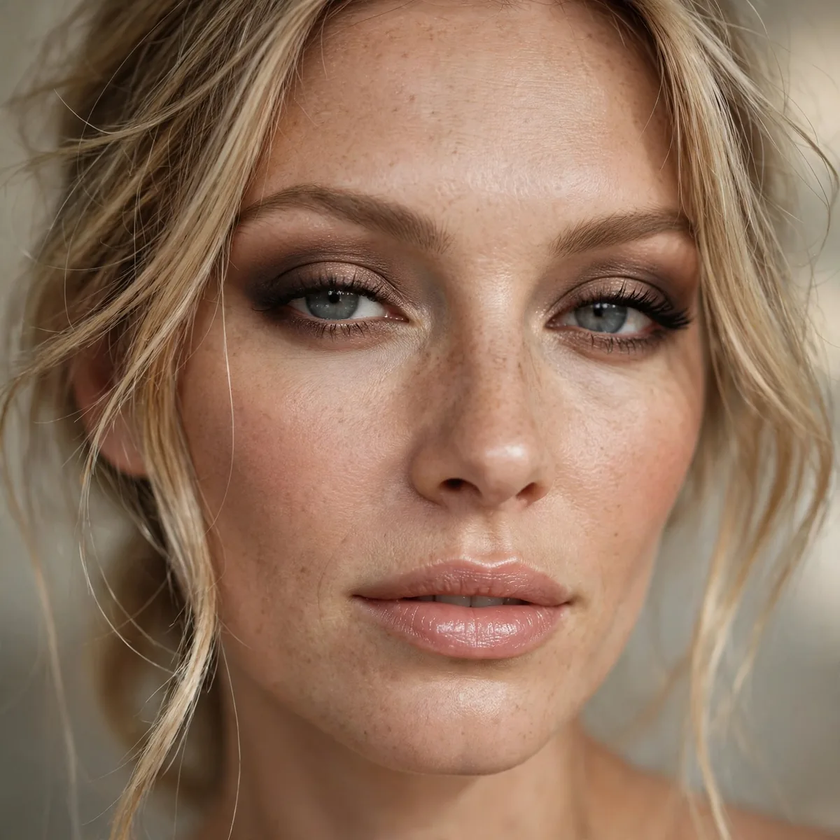 Soft brown smoky eye with blonde hair